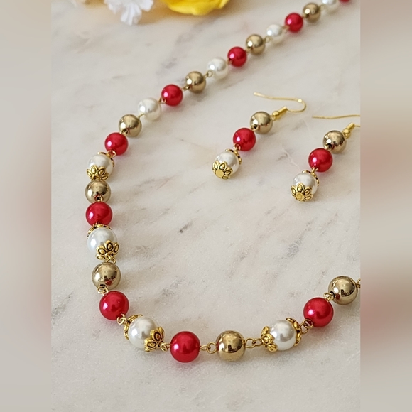 Red/Gold Beaded Mala Necklace Set - Picture 1 of 3
